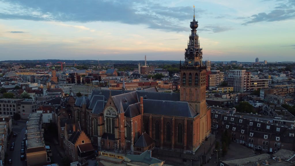 Aerial view of Saint Stephen's Church in Nijmegen at sunset.