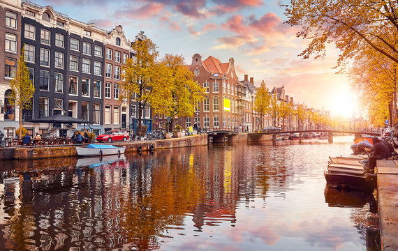 Dutch canal with boats and houses in the Netherlands